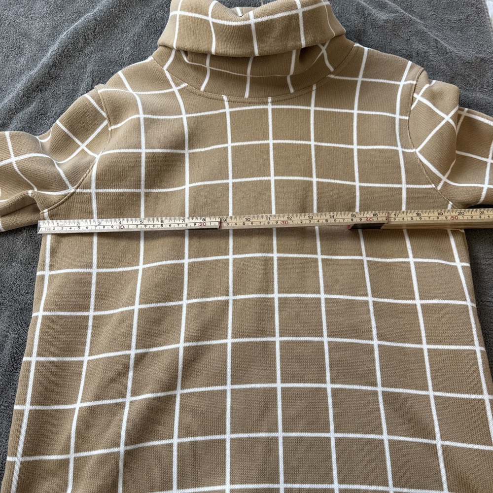 J.Crew Fleece Lined Funnel Neck Pullover Womens L Tan Windowpane Grid Old Money - Picture 3 of 6